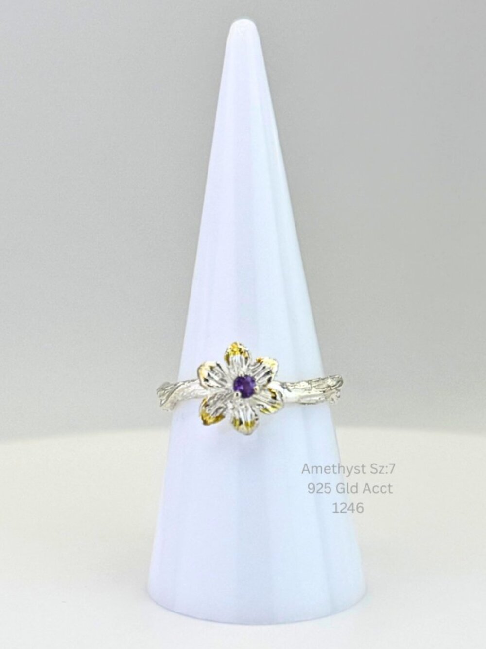 Natural Amethyst Flower Ring 925 Sterling Silver 14K Gold Accents Size 7